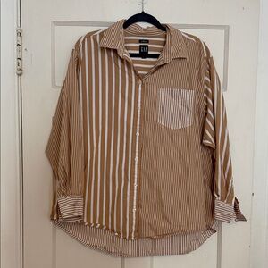 GAP Women’s The Big Shirt - Tan and White Striped Button Down Shirt, Size L